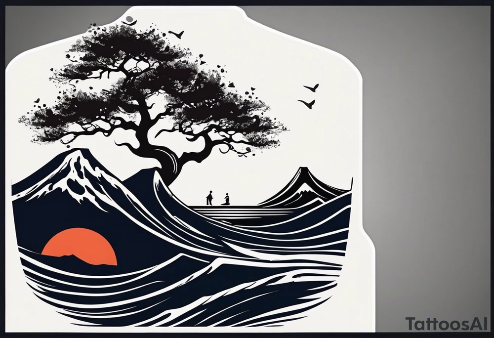 an abstract Tree of Life tattoo. It should have roots growing out of the bottom. The roots slowly turn into water from the Great Wave by Hokusai. A golf flag should be placed discreetly growing out of the ground. 2 license plate tags should be hanging from the tree. Place a few music notes in the areas the leaves should be. The letters A U should be engraved into the tree trunk in a heart. tattoo idea