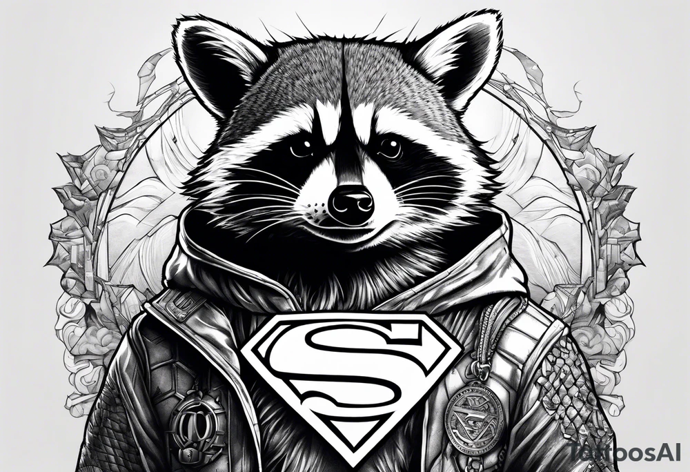 raccoon wearing a Superman hoodie tattoo idea