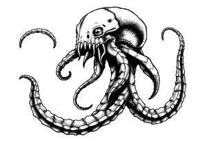 A minimalist blackwork tattoo design of kraken from pirates of the caribeen. The kraken is viewed from a 45-degree angle facing left, with its head centered. tattoo idea