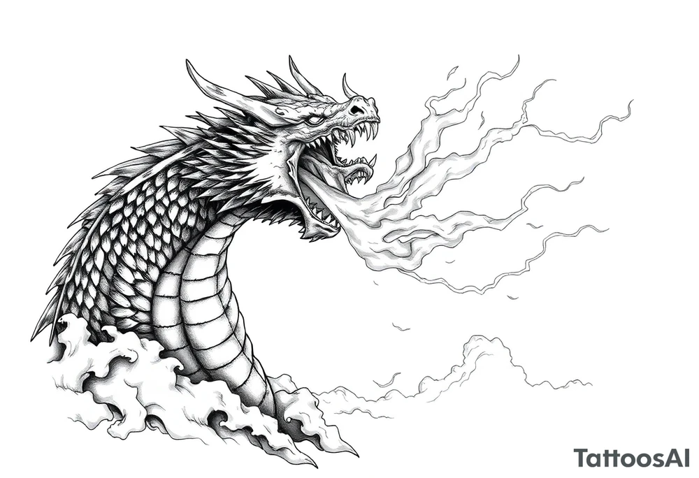 fierce dragon breathing iridescent fire against stormy skies tattoo idea