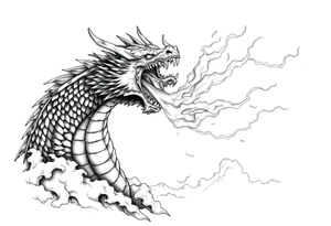 fierce dragon breathing iridescent fire against stormy skies tattoo idea
