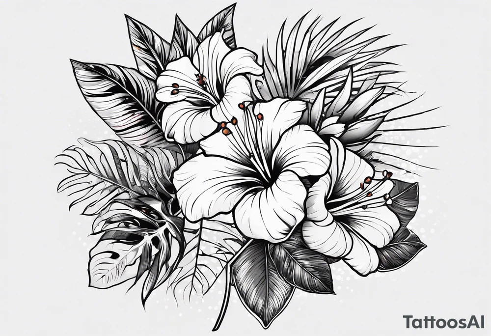 TROPICAL FLORAL, PHILLIGRY, INTRIATE, DETAILED, COLORFUL, BRIGHT, STREETWEAR, URBAN WEAR. CLIP ART tattoo idea