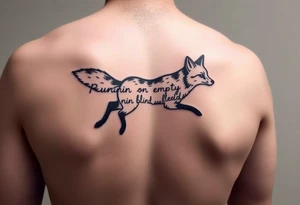 Lyrics to Jackson brownes runnin on empty. “Runnin on empty, runnin blind” with an outline sketch of a running fox separates the set of lyrics tattoo idea