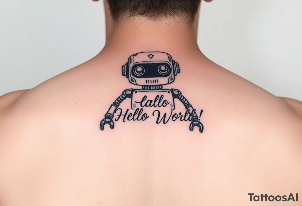 Tattoo of a cute robot with the text 'Hello, World! tattoo idea