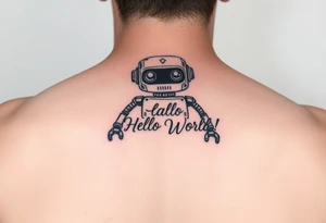 Tattoo of a cute robot with the text 'Hello, World! tattoo idea