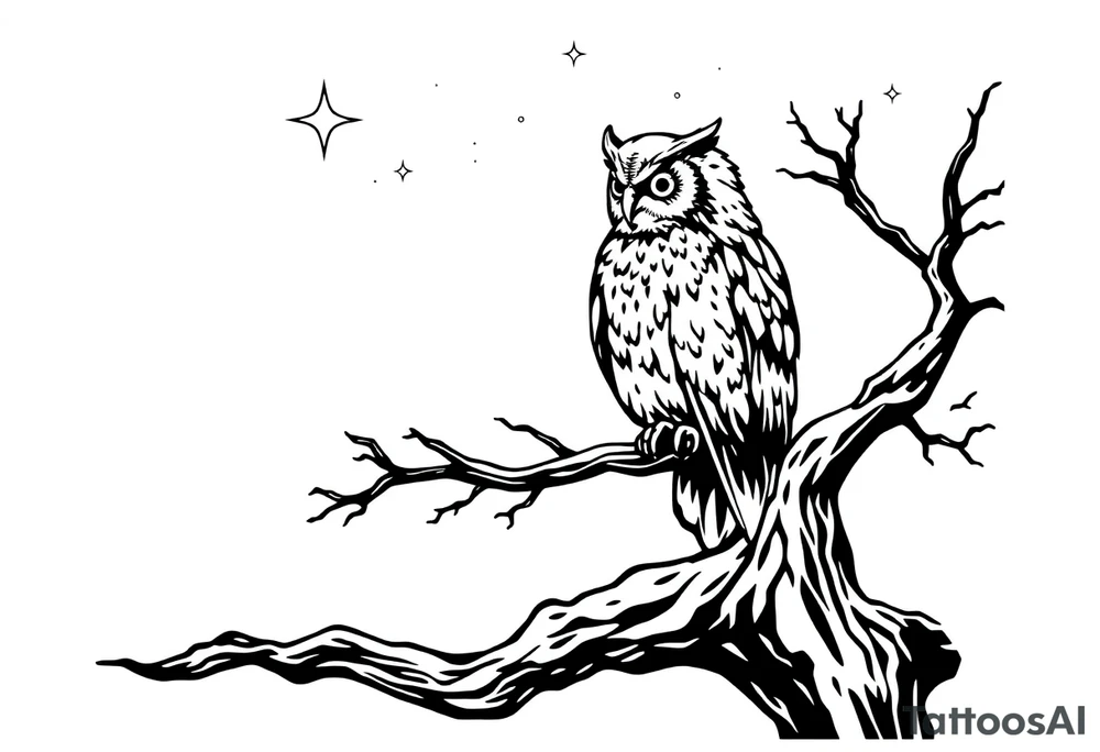 wise owl perched on ancient oak branch under starlit sky tattoo idea