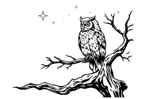 wise owl perched on ancient oak branch under starlit sky tattoo idea