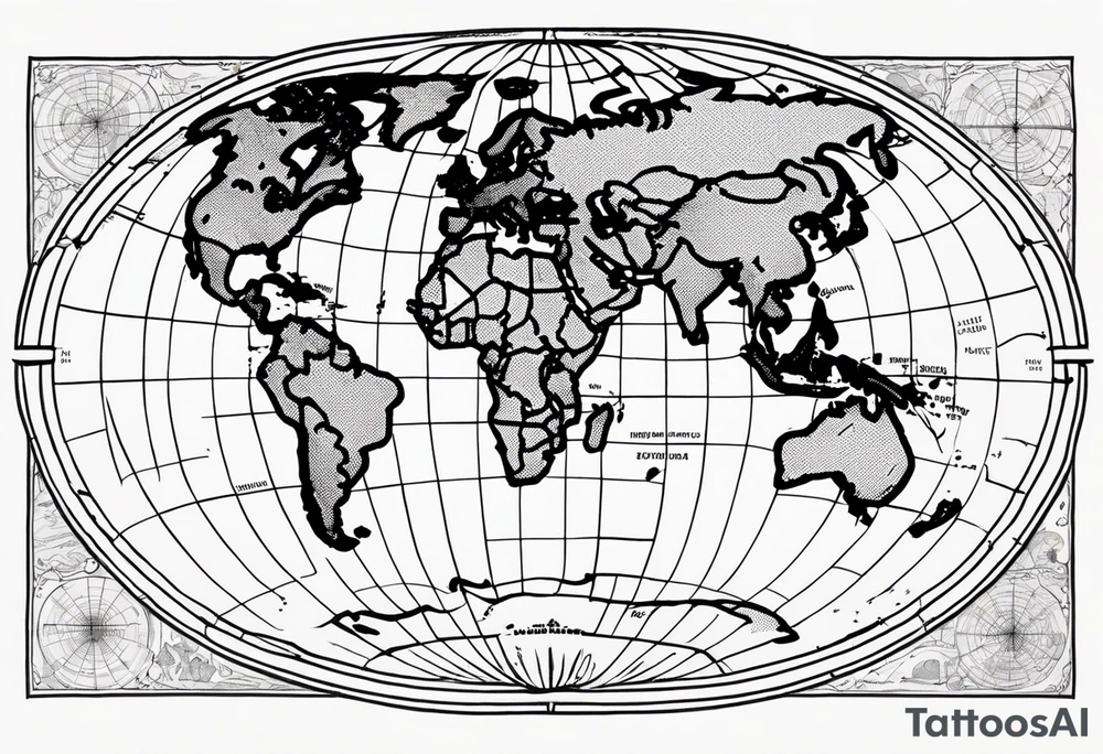 the earth on a flat map with no shading placed on a grid with only the lines with accurate depictions of the borders in countries while having it in an oval/circular position on a grid without any borders on the sides while having the countries not have such bold borders tattoo idea