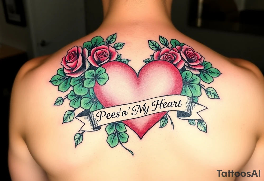 Bunch of Green shamrocks & a few red roses with a big Pink heart and a banner across the heart that says " Peg 'o My Heart" tattoo idea