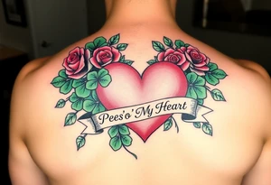Bunch of Green shamrocks & a few red roses with a big Pink heart and a banner across the heart that says " Peg 'o My Heart" tattoo idea