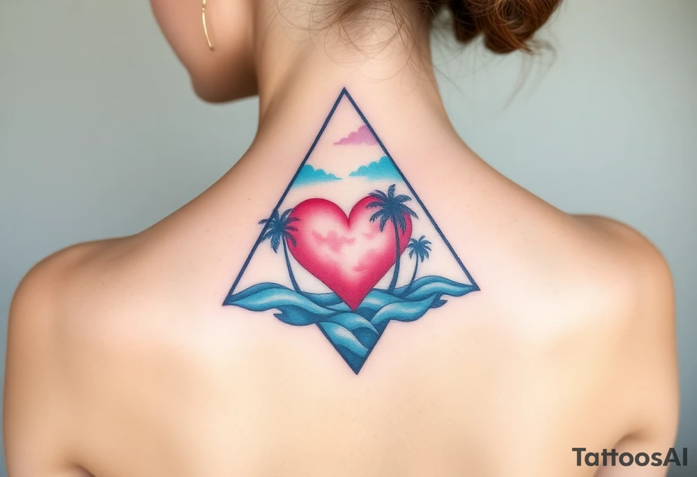 A triangle with a big heart in the center with an ocean theme and palm trees tattoo idea