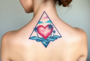 A triangle with a big heart in the center with an ocean theme and palm trees tattoo idea