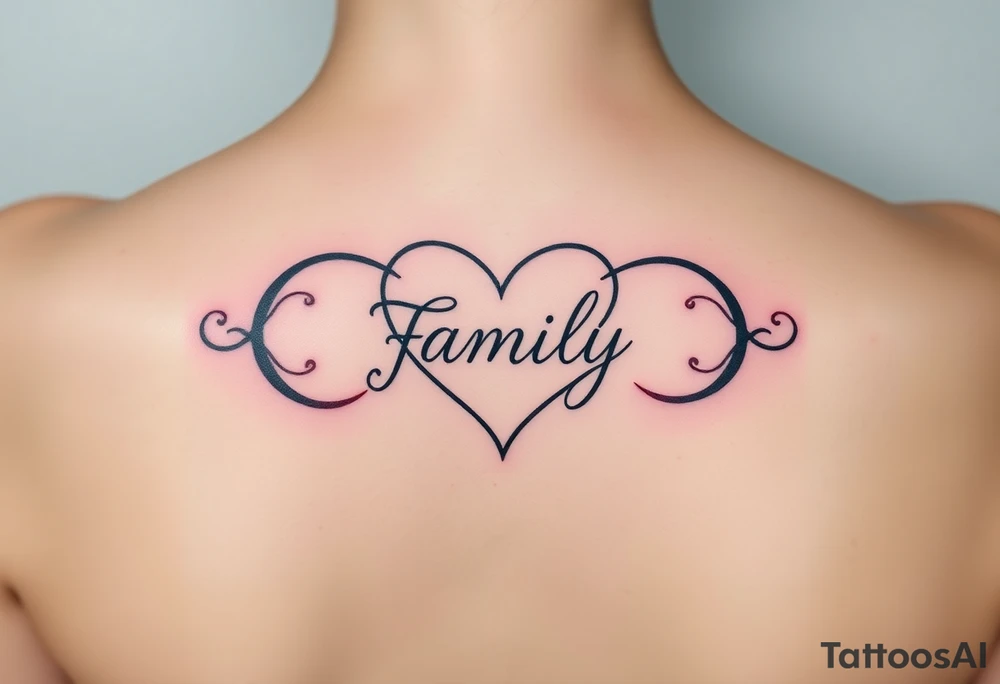 An infinity symbol with a heart-shaped loop, and the word "family" elegantly placed at the center in a soft script tattoo idea