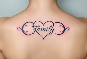 An infinity symbol with a heart-shaped loop, and the word "family" elegantly placed at the center in a soft script tattoo idea