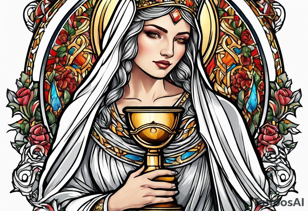 holy saint woman with halo holding a chalice tattoo idea