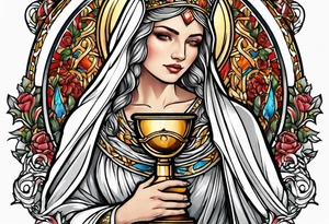 holy saint woman with halo holding a chalice tattoo idea