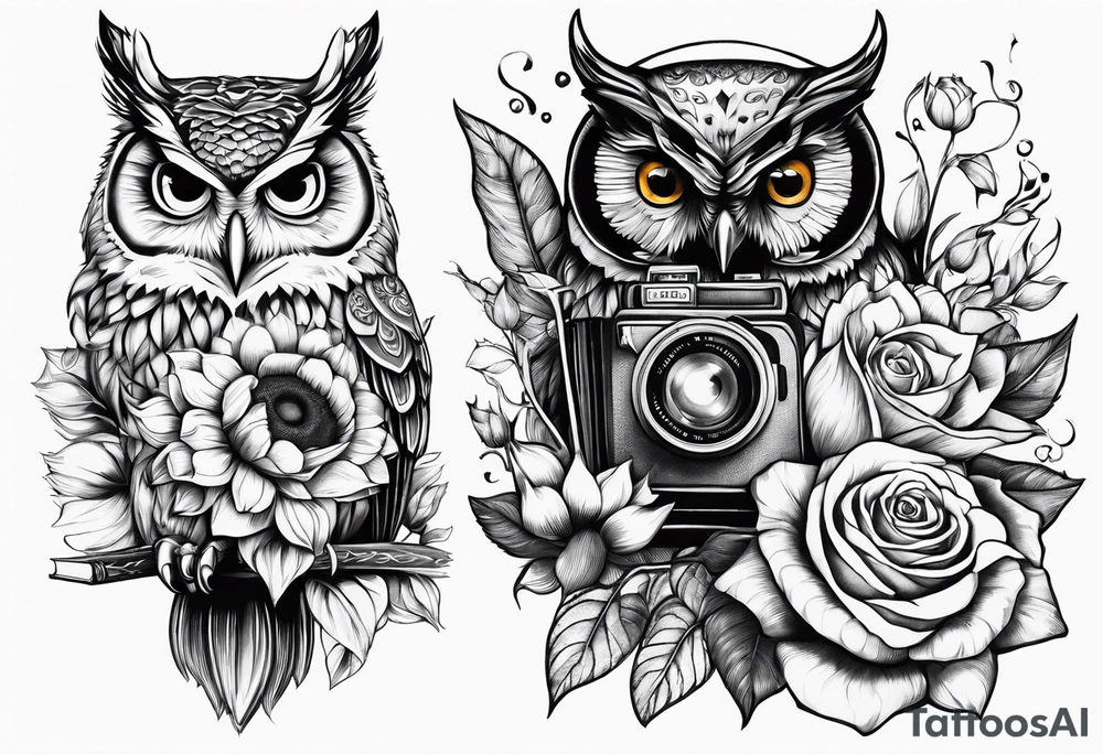 Sunflower, camera, book, owl, flower rose tattoo idea