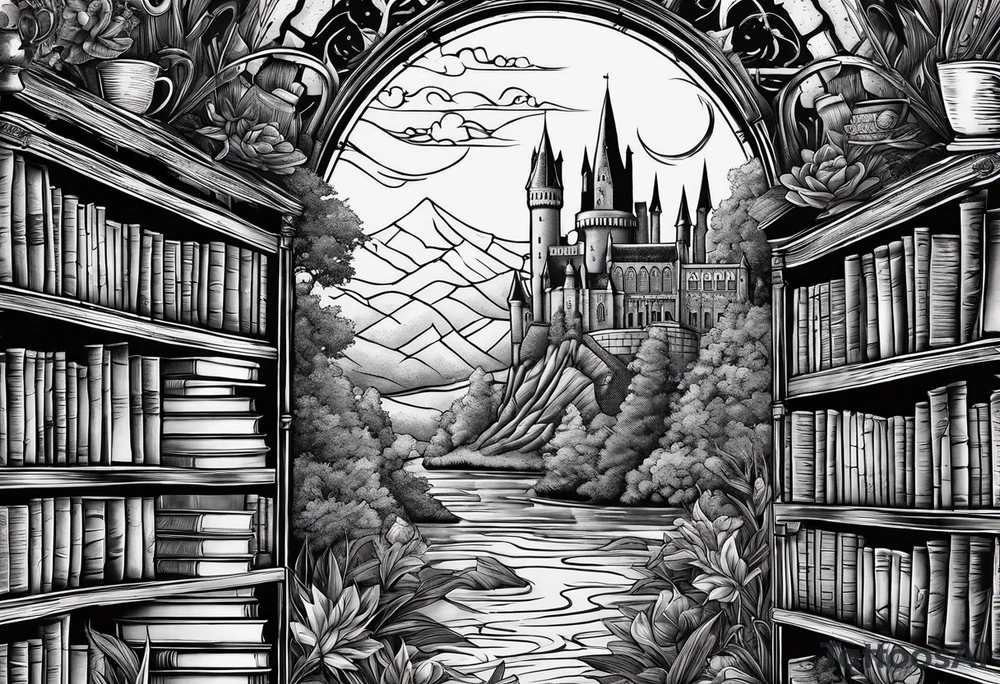 A stack of books surrounded with elements from Harry Potter, hunger games, the hobbit, pride and prejudice, twilight, and lord of the rings tattoo idea