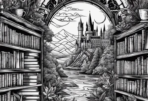 A stack of books surrounded with elements from Harry Potter, hunger games, the hobbit, pride and prejudice, twilight, and lord of the rings tattoo idea