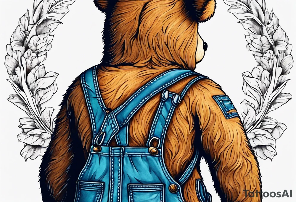 the back of a standing teddy bear in overalls tattoo idea