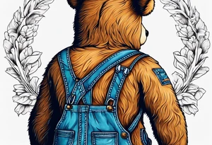 the back of a standing teddy bear in overalls tattoo idea