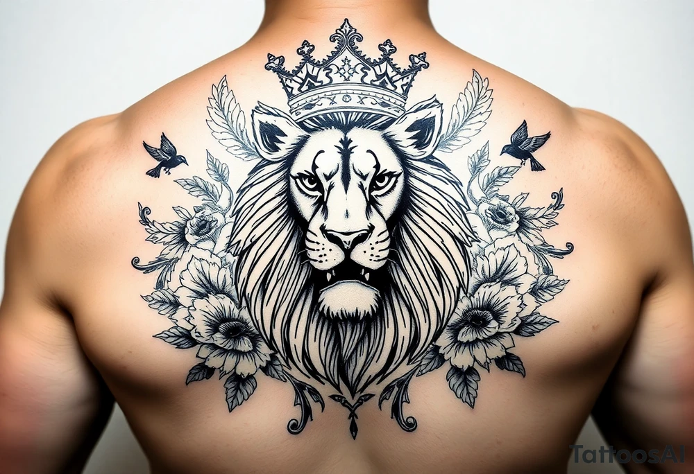 powerful majestic lion with a crown, surrounded by floral ornaments and birds tattoo idea