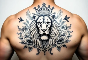 powerful majestic lion with a crown, surrounded by floral ornaments and birds tattoo idea