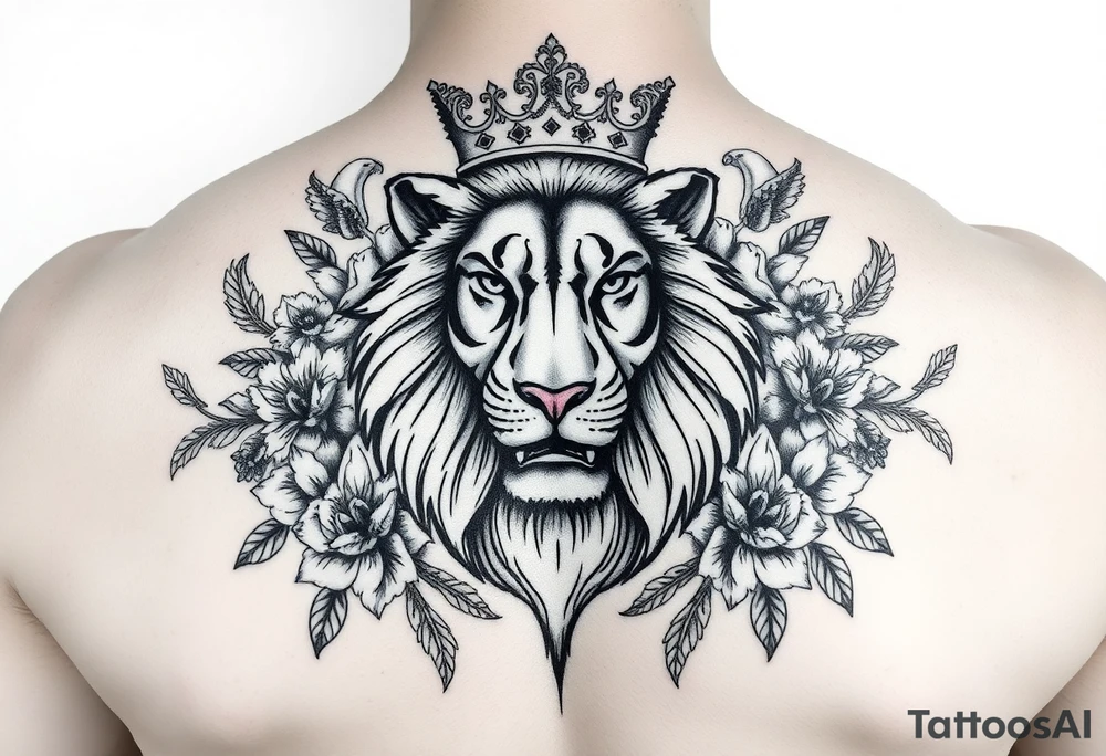 powerful majestic lion with a crown, surrounded by floral ornaments and birds tattoo idea