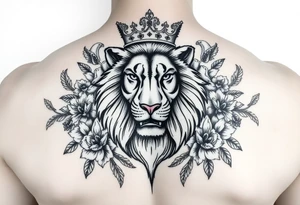 powerful majestic lion with a crown, surrounded by floral ornaments and birds tattoo idea