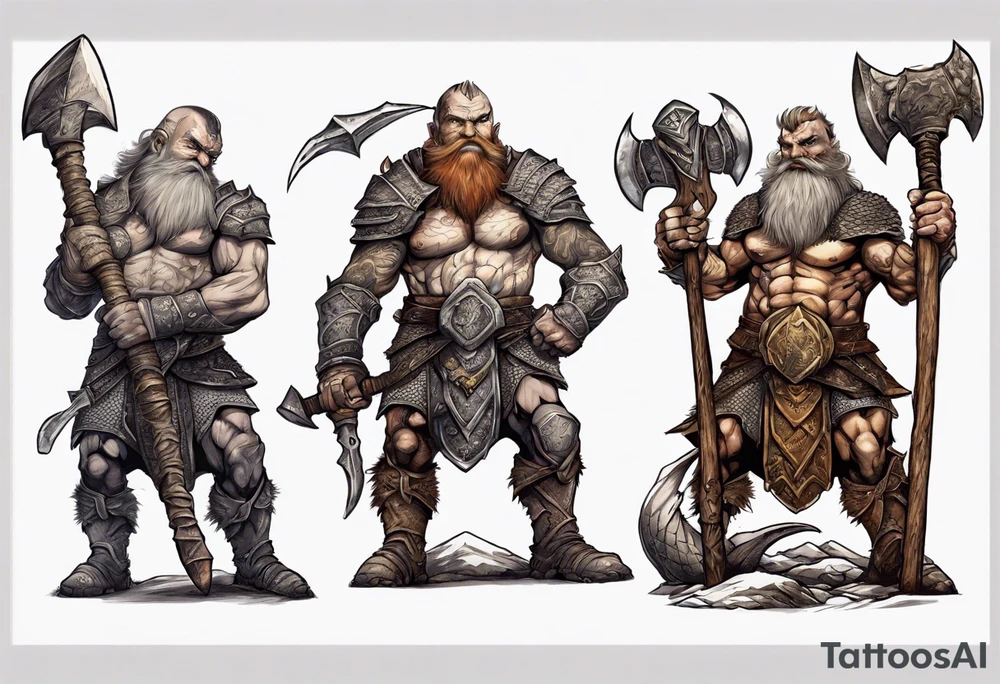 dwarven warrior with a war axe fighting against a dragon in the mountains as the sun is rising tattoo idea