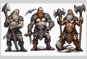 dwarven warrior with a war axe fighting against a dragon in the mountains as the sun is rising tattoo idea