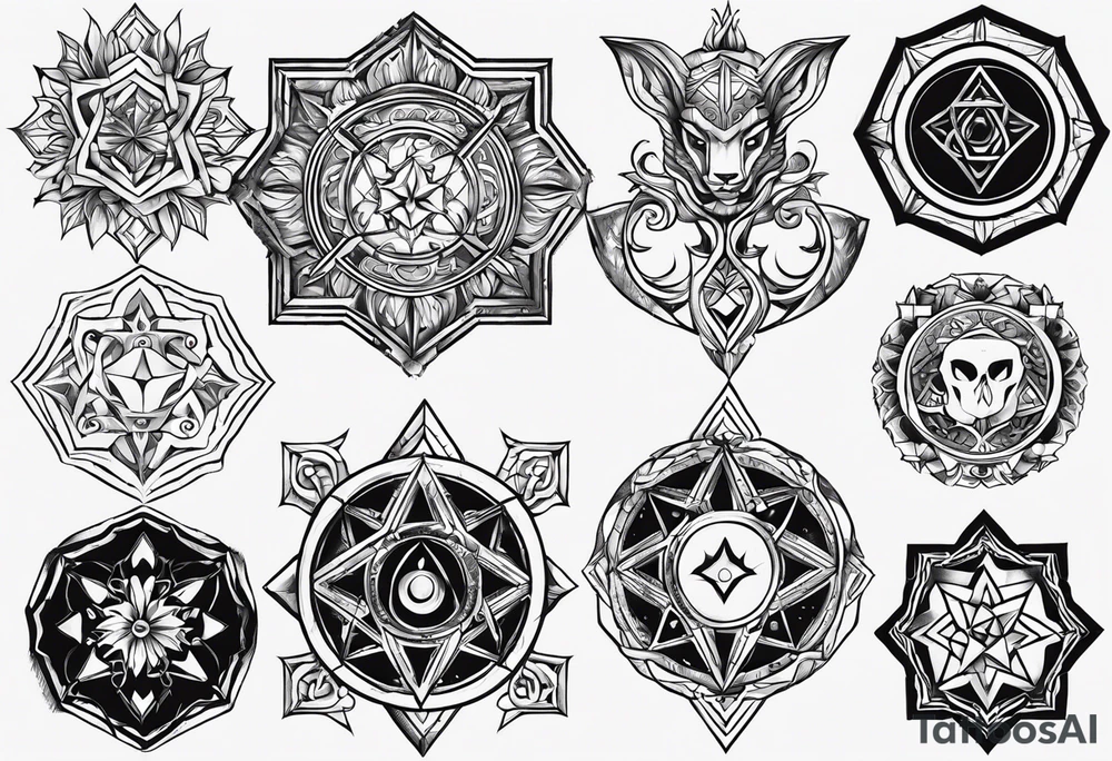 the simbols of the "elementos do outro lado" from the rpg "ordem paranormal" tattoo idea