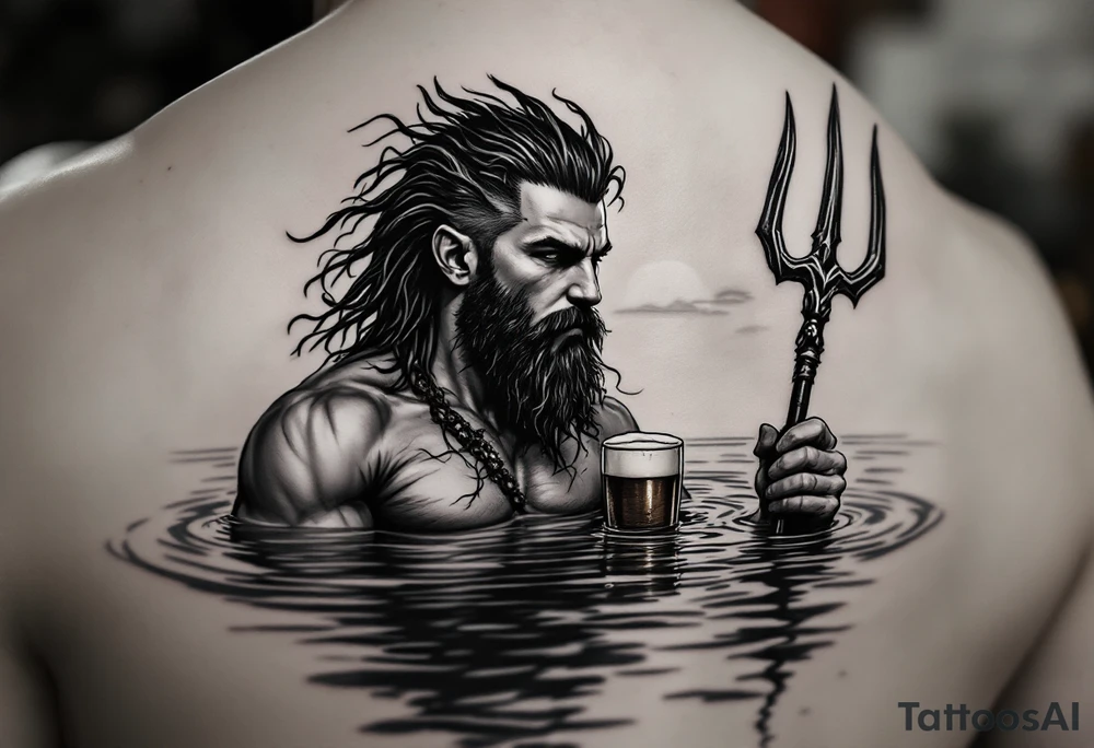 young, fit poseidon in calm water, holding a trident, drinking a beer, with sunset tattoo idea