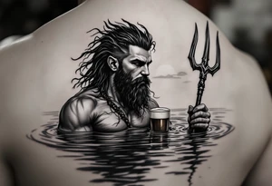 young, fit poseidon in calm water, holding a trident, drinking a beer, with sunset tattoo idea