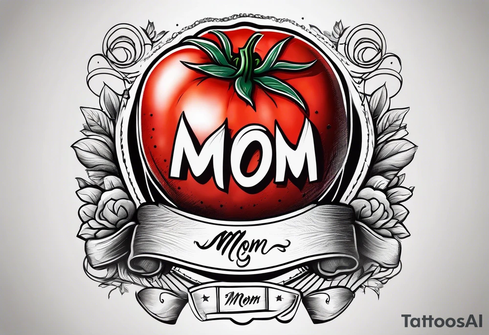 Red tomato with a mom banner around it tattoo idea