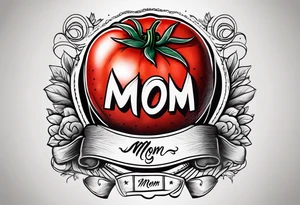 Red tomato with a mom banner around it tattoo idea