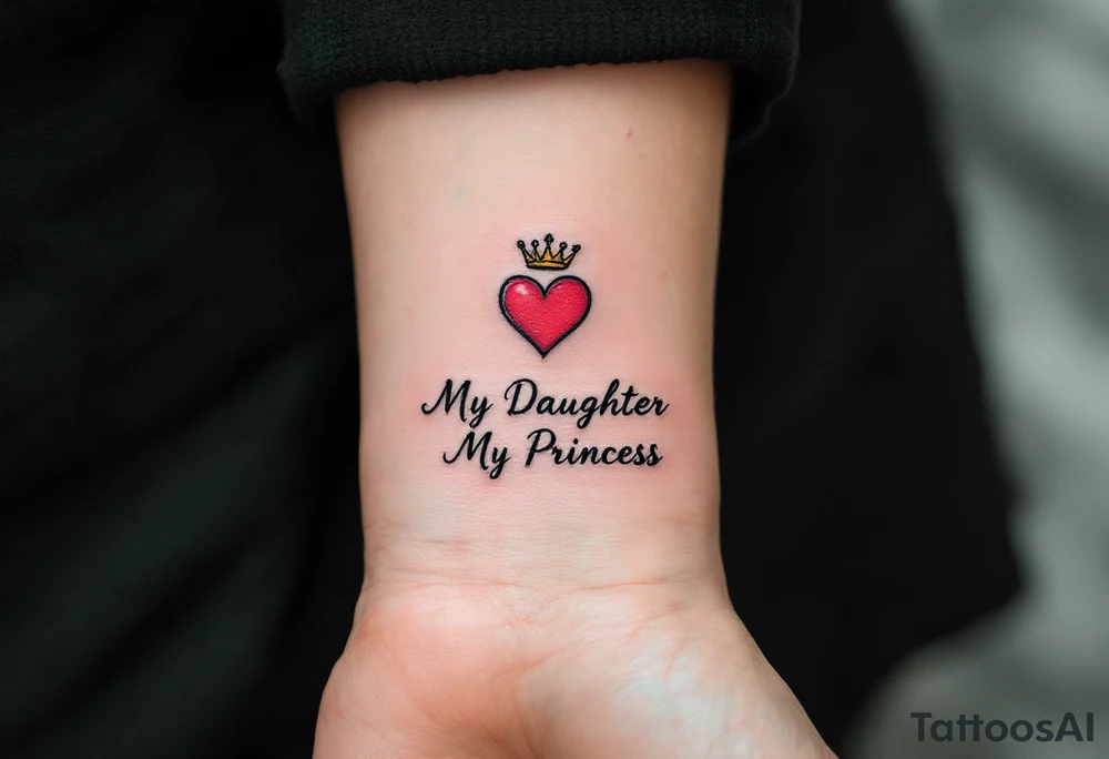 A matching red heart with a tiny crown above it and the word “My Daughter My Princess” in black, celebrating a daughter’s special role. tattoo idea