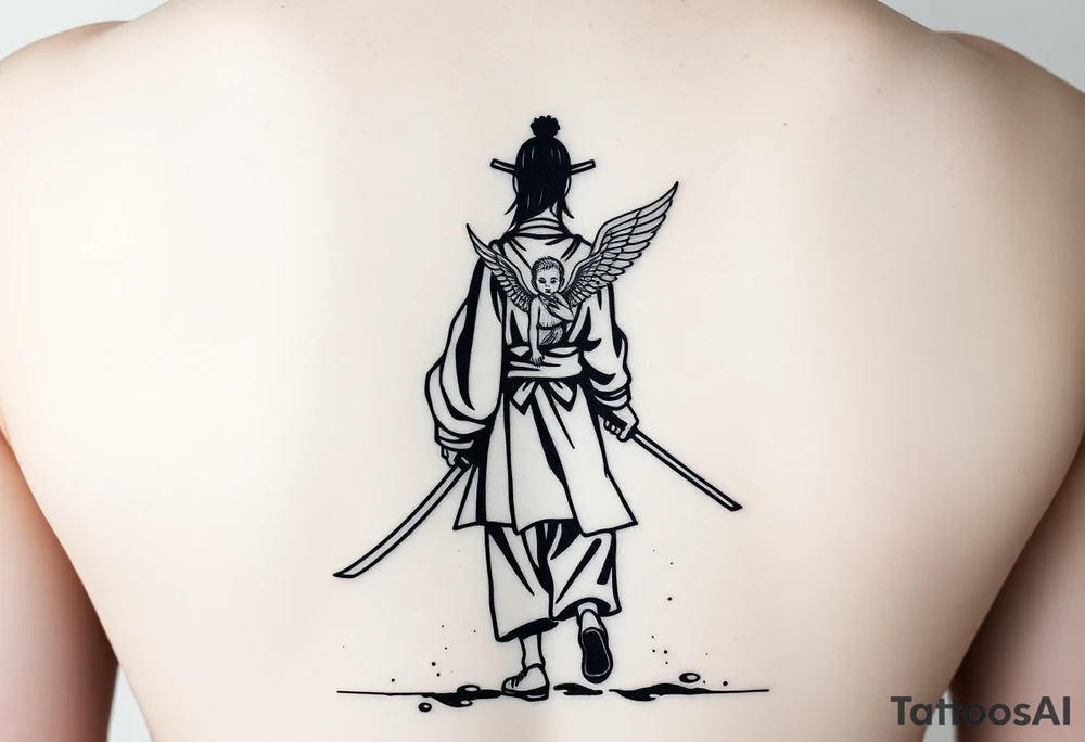 "Blackwork tattoo sketch of a lone samurai walking forward, shown in dramatic silhouette style. The samurai wears traditional kimono and hakama, holding a katana in one hand with the blade pointing downward. Behind him floats a small child angel with detailed feathered wings, gently touching the samurai’s back with one hand, as if stopping or guiding him. Strong contrast, dynamic ink splatter, rough brush strokes, Japanese sumi-e vibe, emotional and symbolic composition, high detail linework, no background." tattoo idea