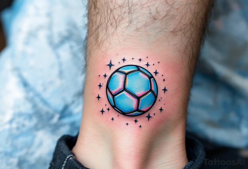 A small ankle tattoo of a pastel blue soccer ball with sparkles around it for a playful look. tattoo idea