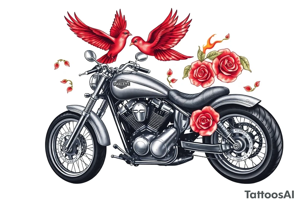 Harley grey motorcycle driving away, two red birds flying, roses, flames, angel wings tattoo idea