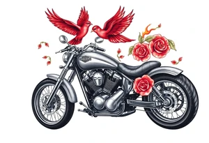 Harley grey motorcycle driving away, two red birds flying, roses, flames, angel wings tattoo idea