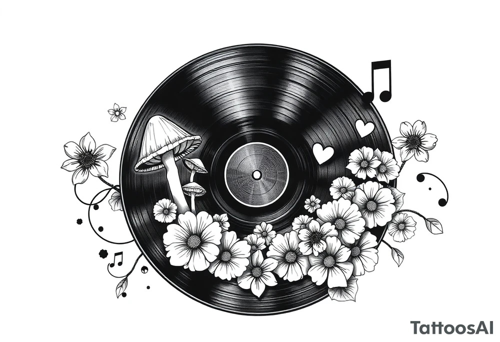 vinyl record with mushrooms, flowers, hearts, and music notes tattoo idea