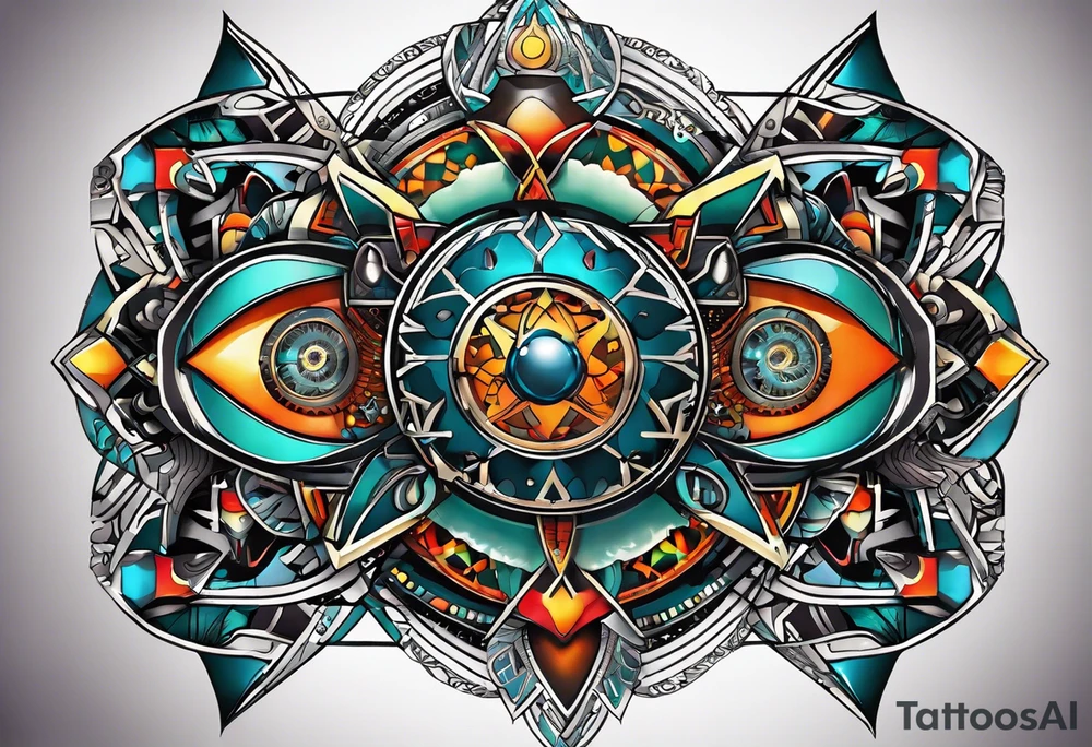 A tattoo design featuring geometric patterns and symbols inspired by psytrance and techno music, creating a unique and futuristic look. tattoo idea