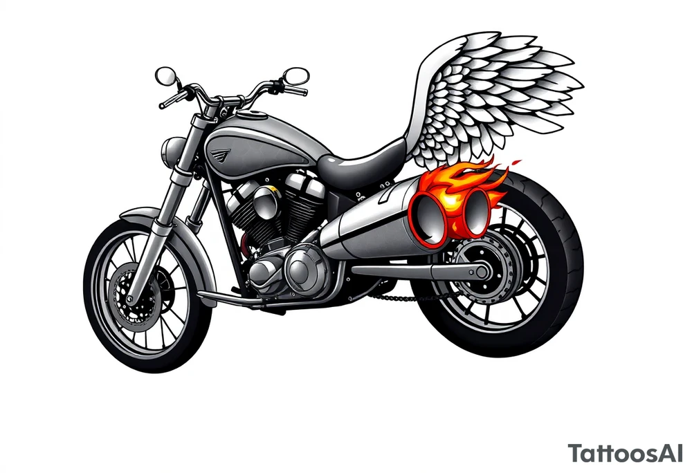 Low rider grey motorcycle, big muffler pipes with flames, angel wings, driving away, no person tattoo idea