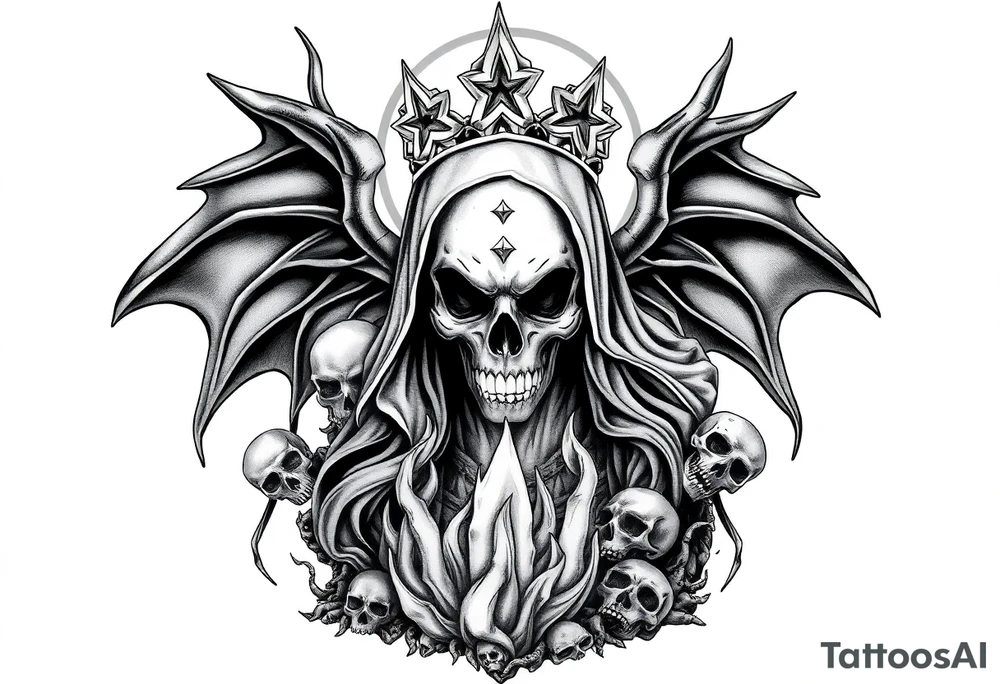 Powerful and evil Santa muerte rising from the flames and ashes of hell, surrounded by unclaimed souls tattoo idea
