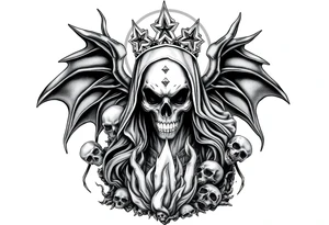 Powerful and evil Santa muerte rising from the flames and ashes of hell, surrounded by unclaimed souls tattoo idea