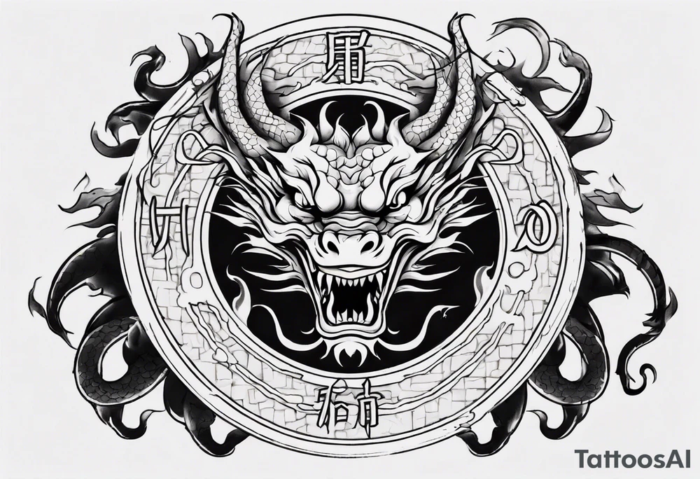 Chinese dragon in a circular shape with "02.03" written on its skin tattoo idea