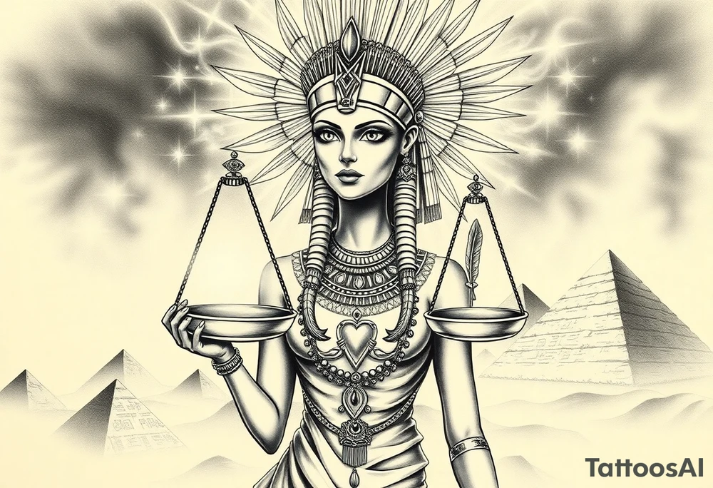 Beautiful Egyptian goddess woman, depicted as a regal woman with an ostrich feather headdress, intense glowing eyes, and intricate ancient Egyptian jewelry. She stands or floats amidst swirling cosmic energy and beams of light, with subtle hieroglyphics and pyramids in the background. Incorporate the Scales of Justice—one side holding a heart, the other Ma’at’s feather—glowing with ethereal energy. Emphasize dramatic lighting, deep shadows, and surreal, mystical atmosphere to match a sleeve with Anubis and cosmic motifs. Design should flow with existing sleeve art, using soft transitions and layered textures. tattoo idea