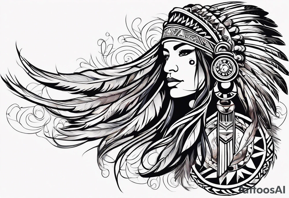 Wrap around arm band with native American style and Aquarius theme tattoo idea