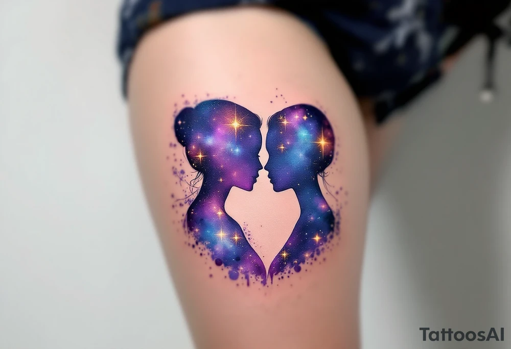 A galaxy-filled silhouette of twin figures, blending purples, blues, and glowing stardust effects. tattoo idea